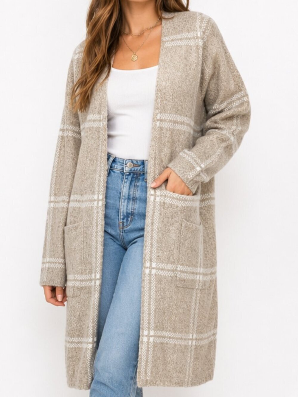 APT 9 Windowpane Cardigan Open Front Sweater Oatmeal Plaid Small